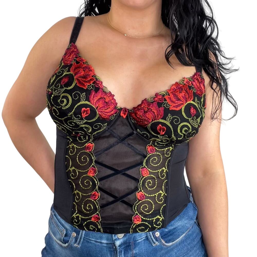 Pretty Secrets 90s Vintage Corset Black Sexy Rose Floral Romantic Corset 36E - Picture 9 of 10